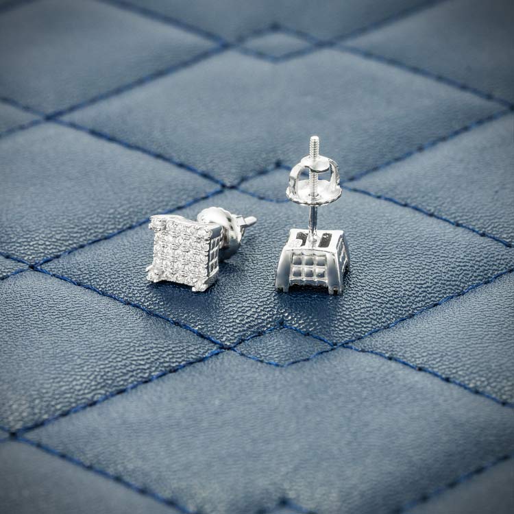 6MM Moissanite Square Cluster Earrings - White Gold