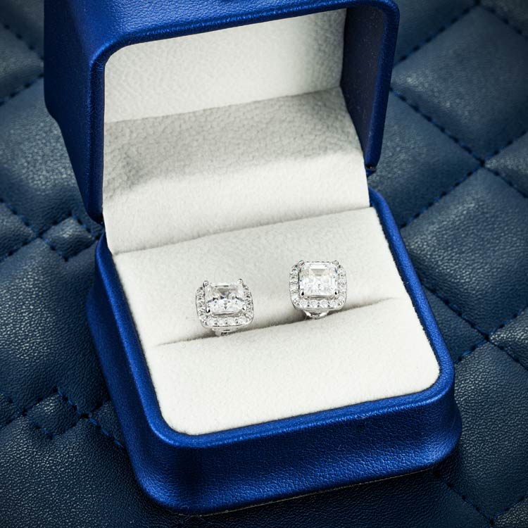 9MM Moissanite Halo Stud Earrings - White Gold