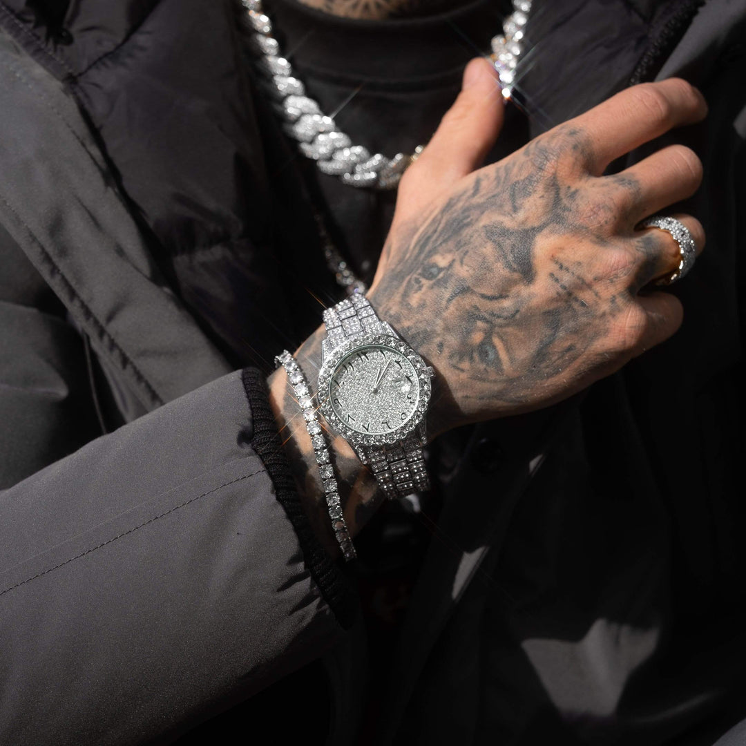 ARABIC DIAL ICED OUT WATCH - WHITE GOLD