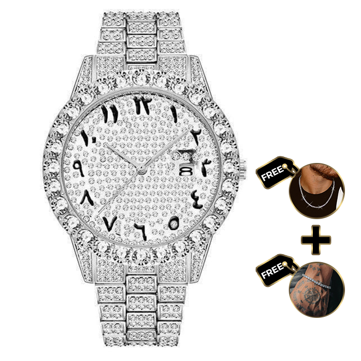 ARABIC DIAL ICED OUT WATCH - WHITE GOLD